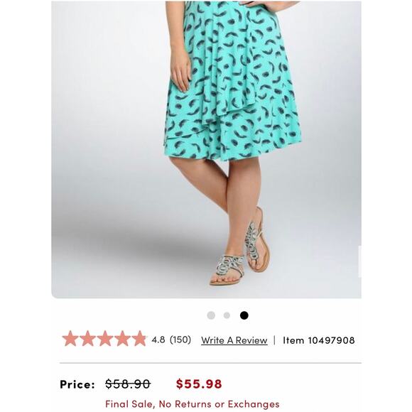 Torrid Aqua Blue Feather Print Faux Wrap V-Neck Front Round Back Dress Sz 2X - Picture 5 of 11